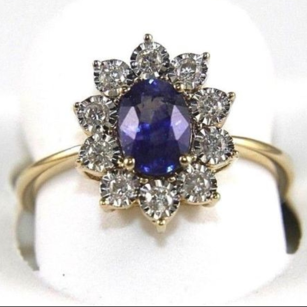 Blue Sapphire Ring w/Diamond Halo 14k YG 1.40Ct